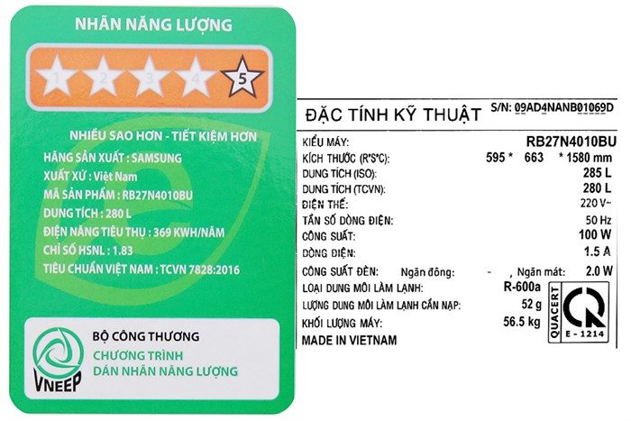 Tủ Lạnh Samsung Inverter 280 Lít RB27N4010BU/SV